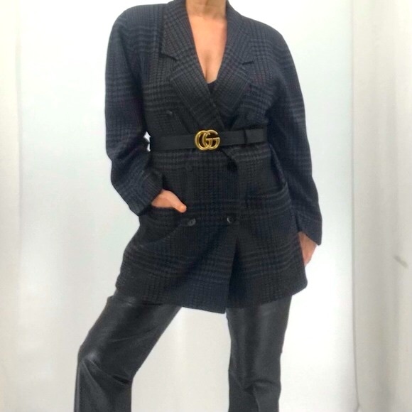 Escada Vintage 80’s Plaid Wool Oversized Double Breasted Long Boyfriend Blazer - Picture 1 of 16